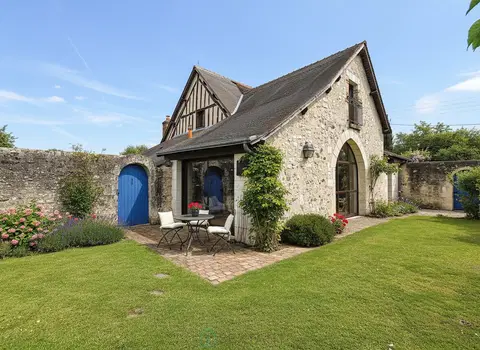 Photo of Old 19th century house, enclosed garden and landscape.